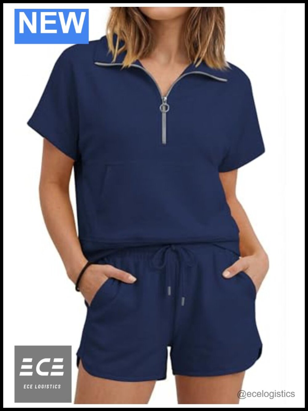 Women's 2 Piece Short Set Half Zip Top & Drawstring Shorts Matching Set